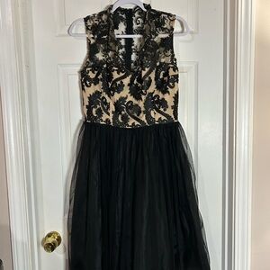 Jackie Jon New York Black and Tan Sleeveless V-Neck Fit and Flare Midi Dress